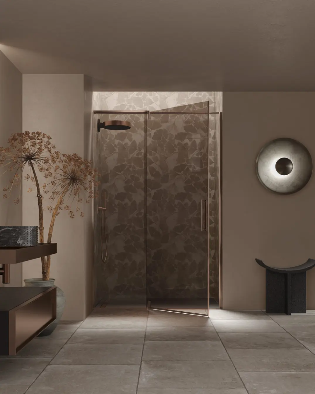 PDP Box Doccia pivot shower door with a bronze frame and patterned glass, in a warm-toned bathroom